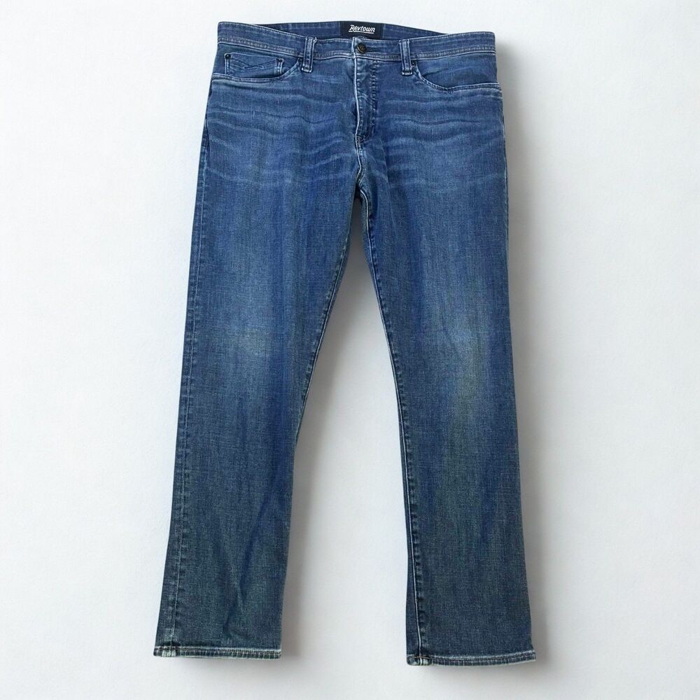Revtown Jeans Mens 36x28 Sharp Straight Stretch Blue Denim Medium Wash